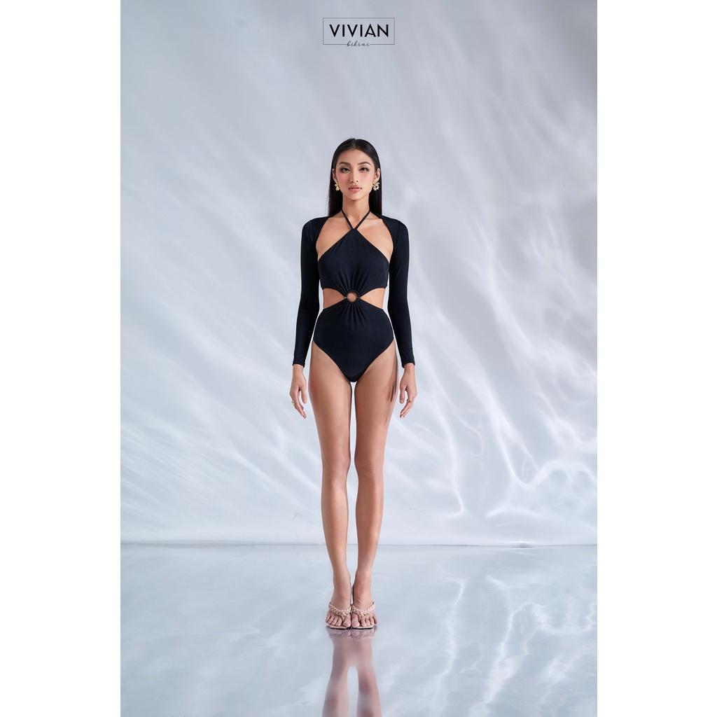 Đồ bơi nữ cao cấp dạng một mảnh yếm phối áo tay dài cover - Đen - VS187_BL