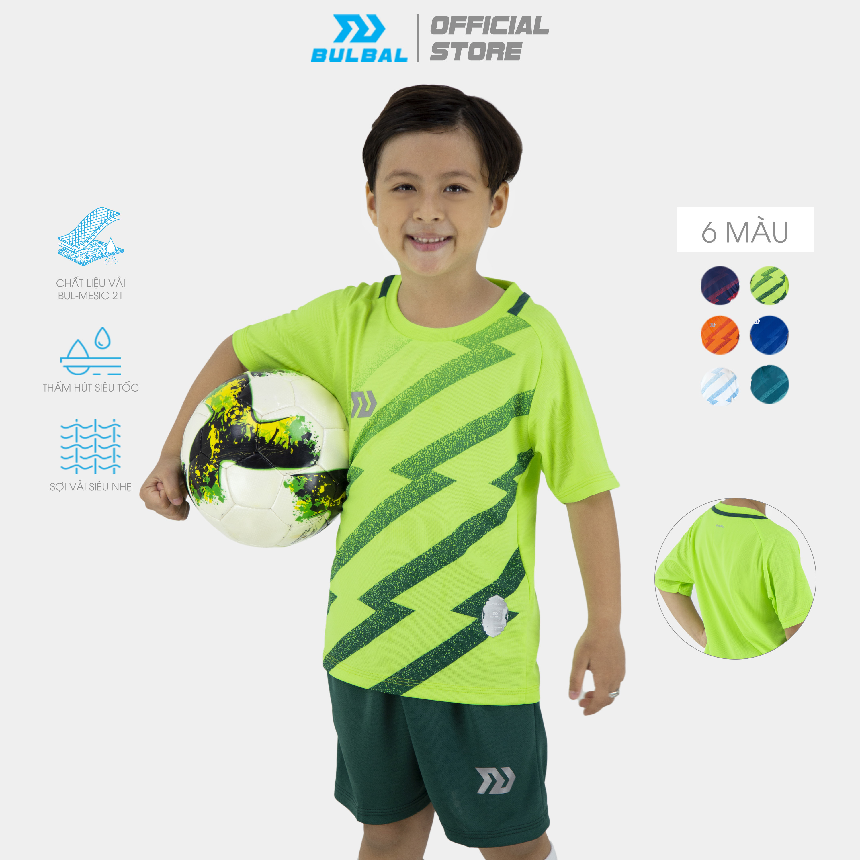 Bộ quần áo bóng đá trẻ em Bulbal Flash cao cấp, chất vải mè siêu thoáng mát, khử khuẩn hiệu quả