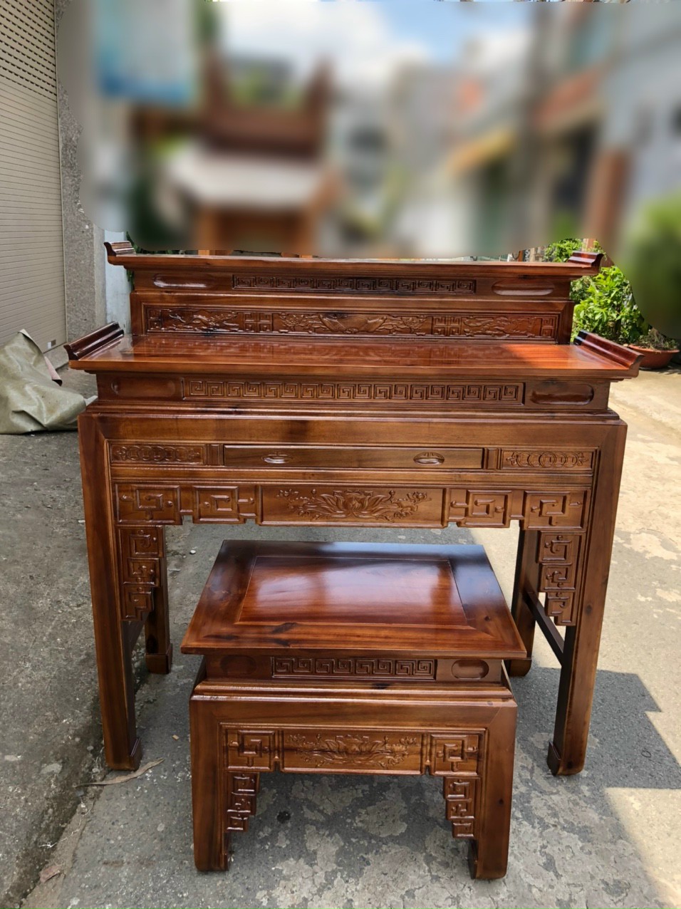 Bộ án gian thờ 2 tầng gỗ tràm bông vàng,bàn thờ gia tiên,bàn thờ bàn cúng nhiều kích thước