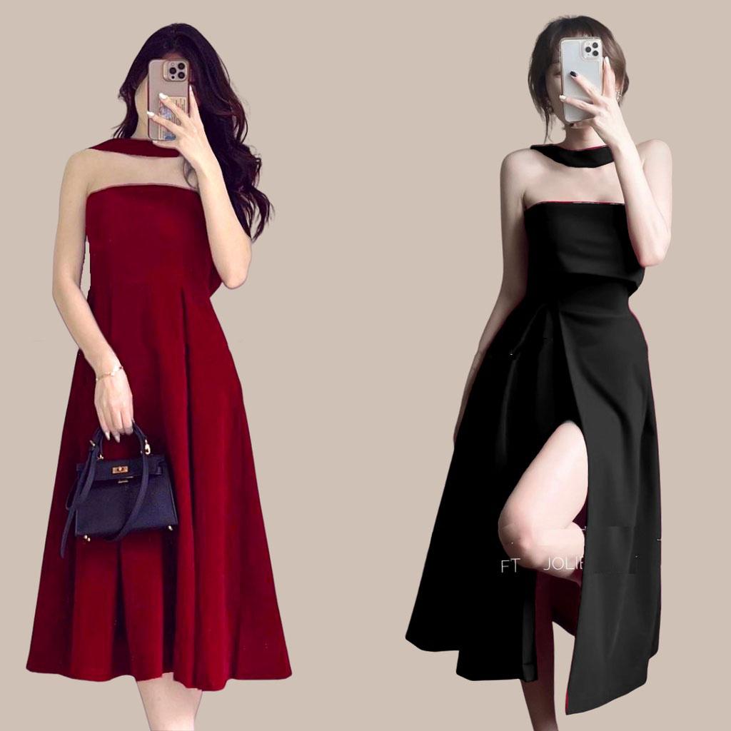 Váy choker dự tiệc đầm nhung xẻ tà dáng dài mẫu mới