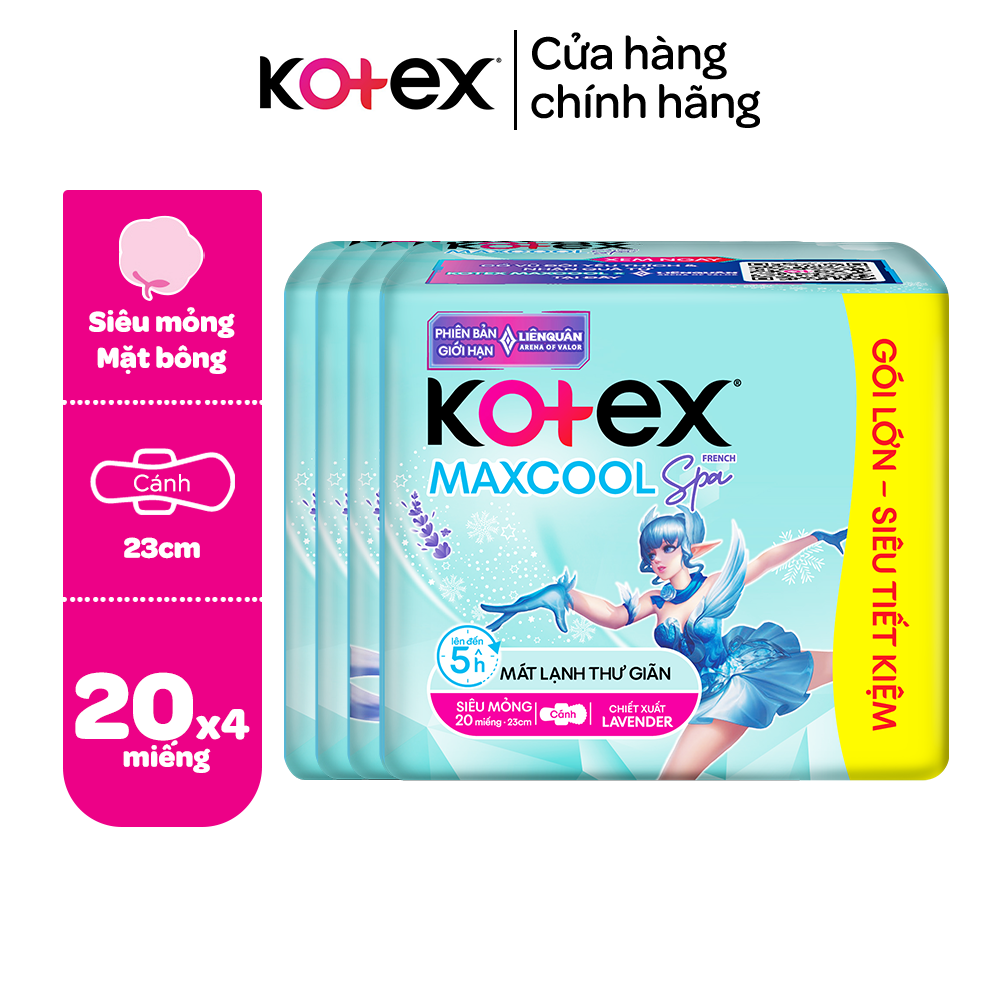 Combo 4 gói băng vệ sinh Kotex Maxcool French Spa Siêu mỏng cánh 23cm (20M/gói)