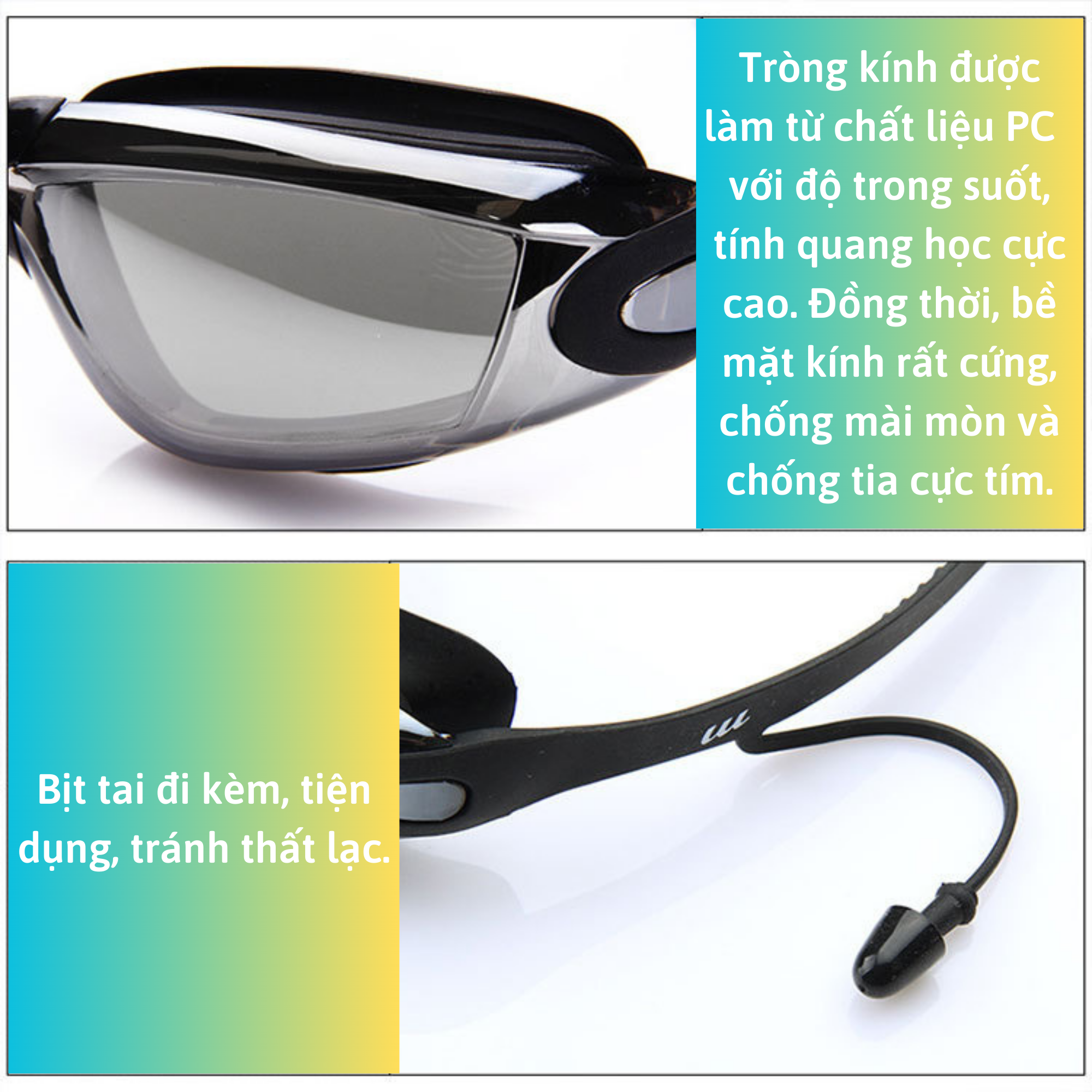 Kính Bơi Tráng Gương kèm bịt tai cao cấp VinBuy chống sương mù, chống tia UV Hàng chính hãng - Tặng kèm nón bơi Silicon