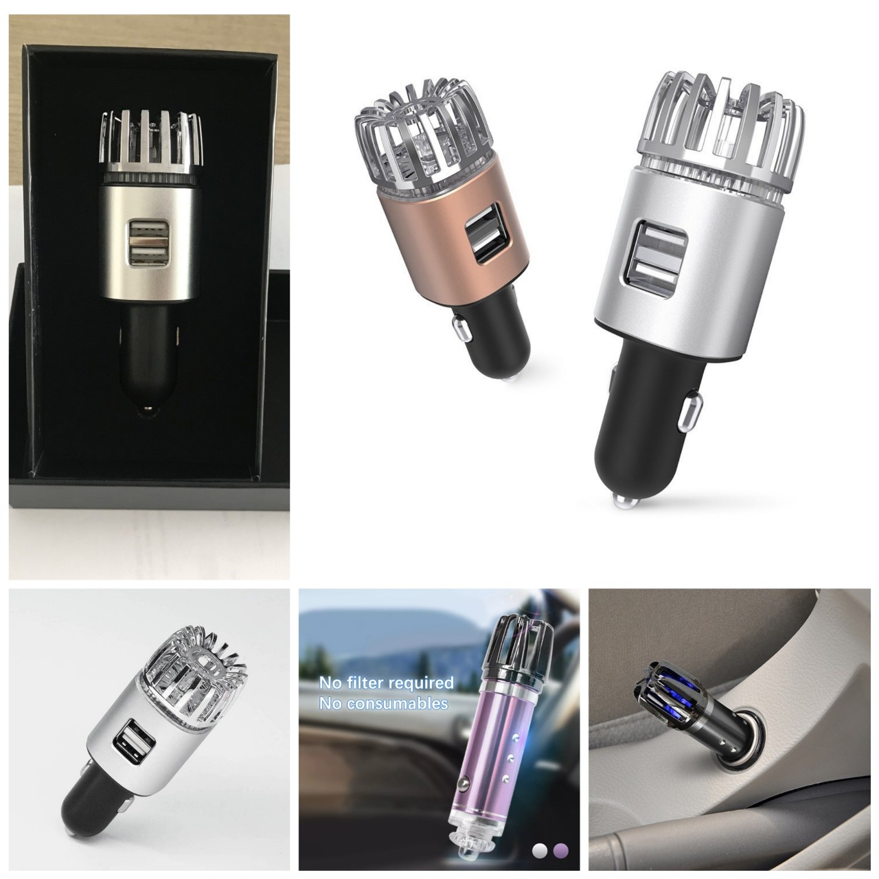 Máy tạo ion âm lọc không khí khử mùi hôi kháng khuẩn ô tô xe hơi kèm 2 cổng sạc USB mẫu mới loại tốt hàng cao câp