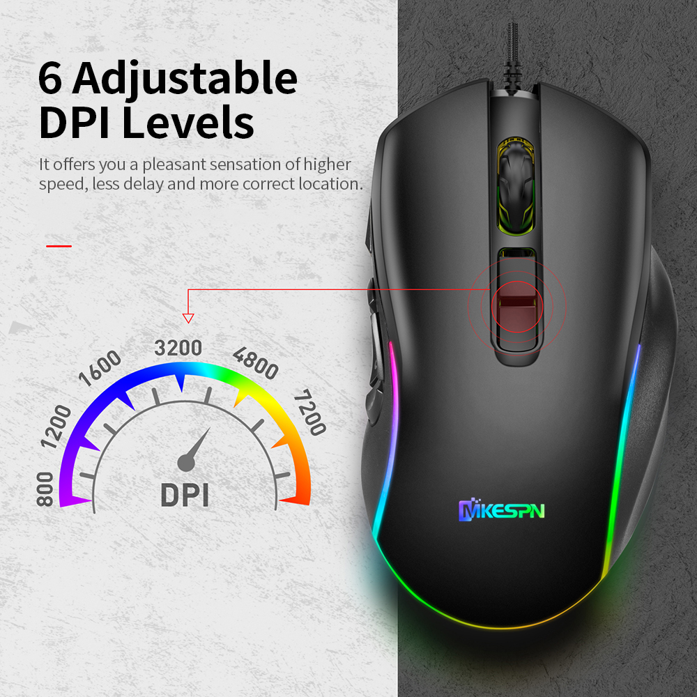 Chuột Chơi Game Có Dây 7200DPI RGb Backlit Mouse 6 Mức DPI Có Thể Điều Chỉnh / 10 Nút Có Thể Lập Trình / Nút Quay Lại Màn Hình