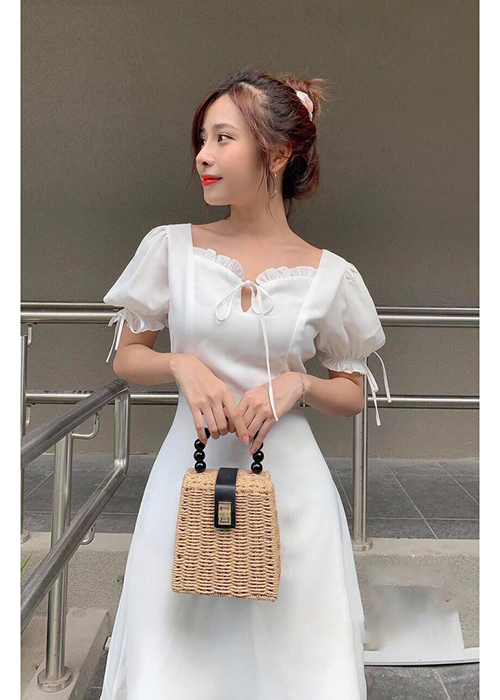 Đầm Xòe Voan Cát 2 Lớp Cổ Tim Phối Bèo Thời Trang