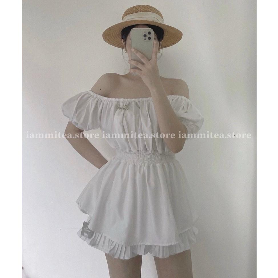 Áo trễ vai tay phồng- Áo bẹt vai bánh bèo nhún eo tôn dáng - A101