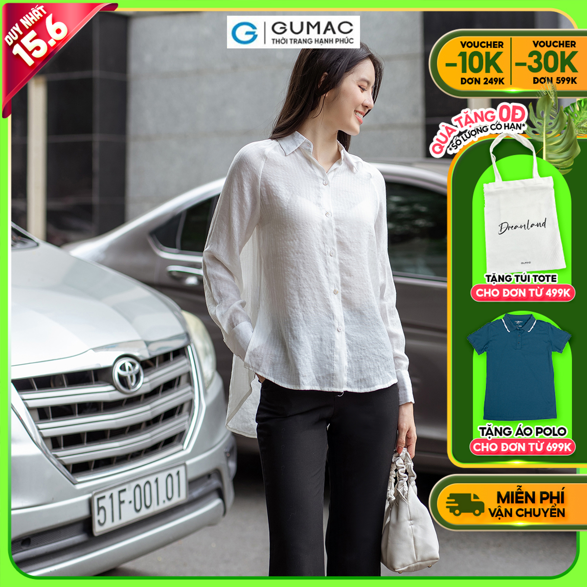 Áo sơ mi nữ tay dài tà lệch vải tơ mềm mát thời trang GUMAC AD06045
