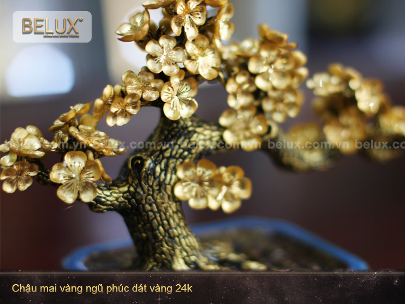 Chậu mai vàng ngũ phúc dát vàng 24k - quà tặng phong thủy