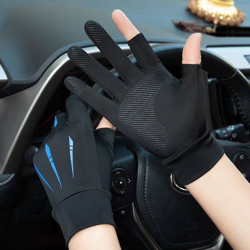 Găng tay lụa băng mùa hè unisex thể thao ngoài trời phân chia ngón tay in găng tay hai loại giao hàng kem chống nắng găng tay Color: Style 2 - Green