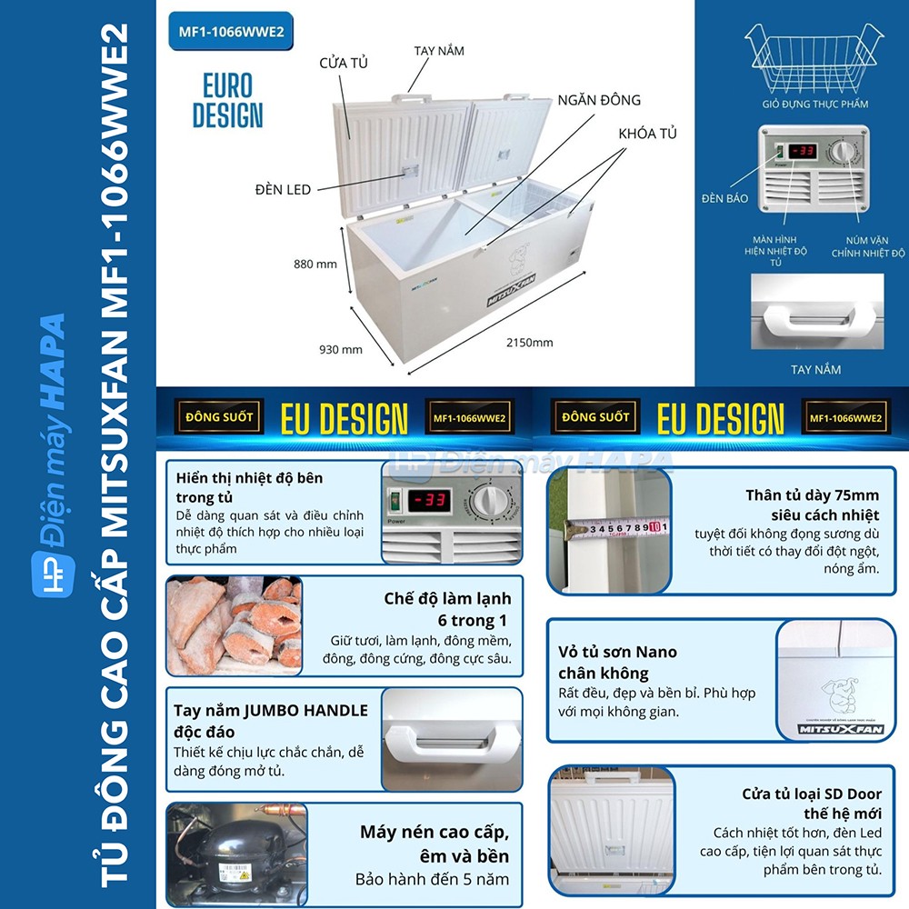 Tủ Đông Cao Cấp MITSUXFAN MF1-1266WWEI Inverter 1300 Lít, 01 Ngăn, Tủ Cấp Đông Tiêu Chuẩn Châu Âu - Hàng Chính Hãng