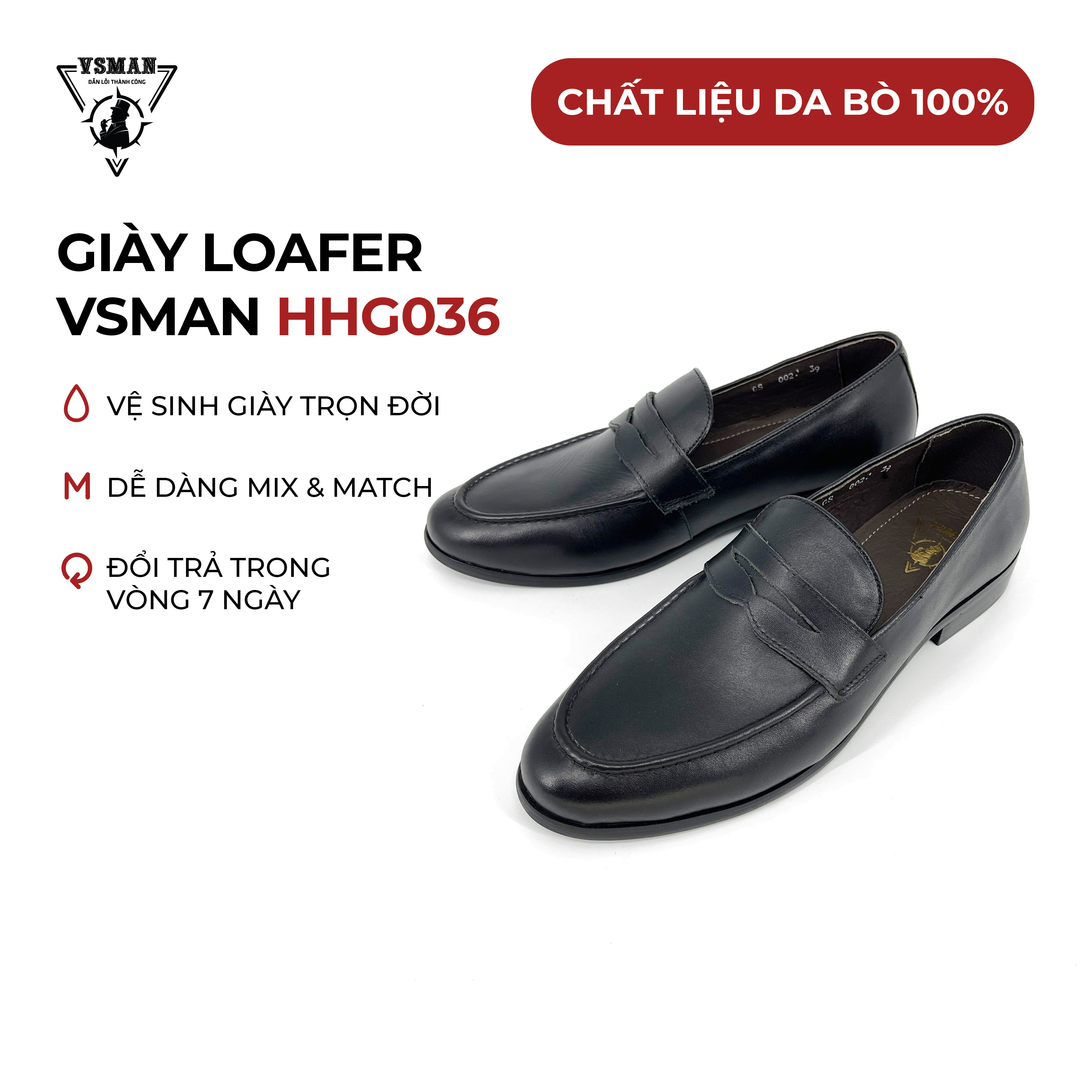 Giày Tây Lười Nam Loafer VSMAN 100% Da Bò Thật Cao Cấp Bắt Ngang Không Khóa Nam Tính Trẻ Trung Hiện Đại - HHG036