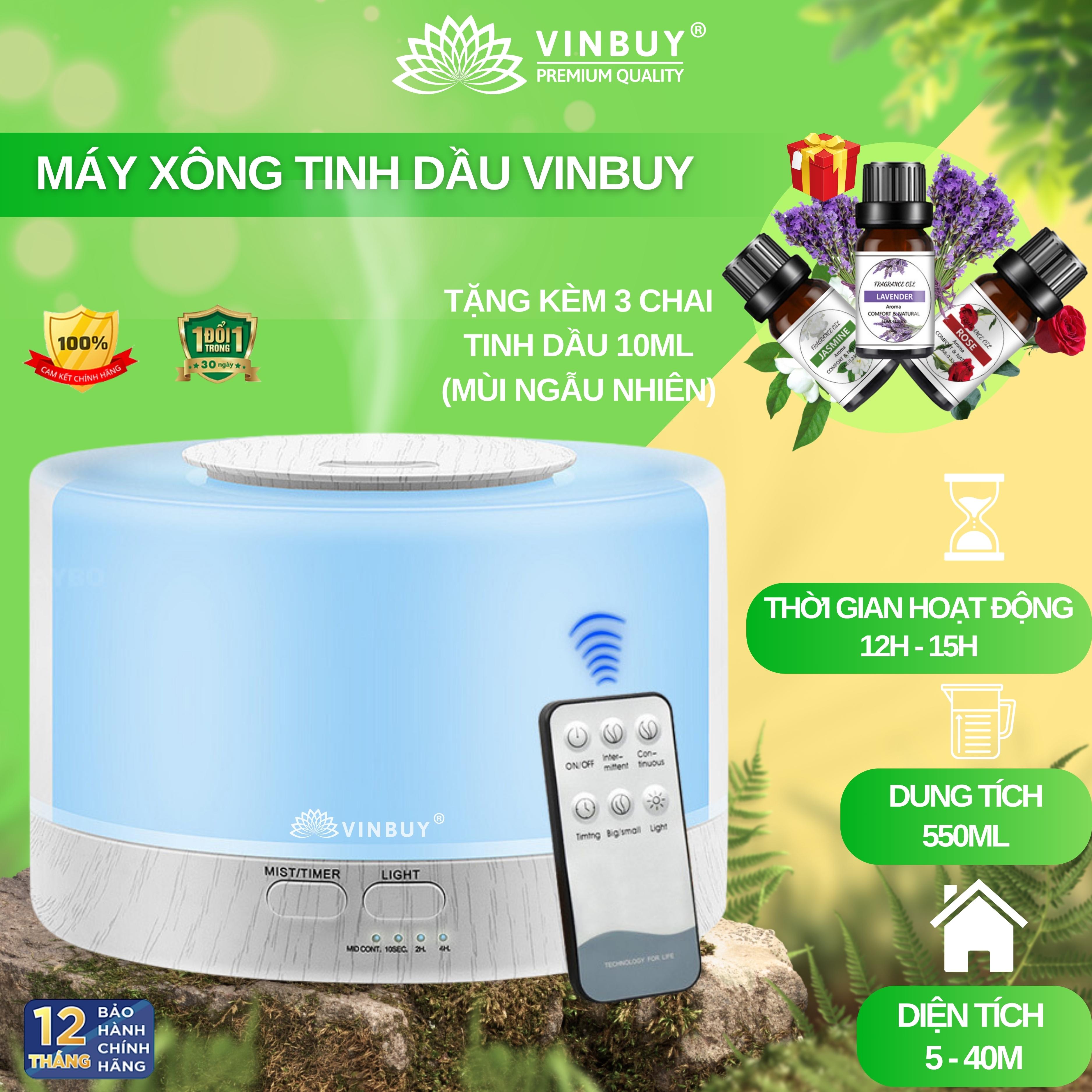 Máy xông tinh dầu VINBUY, khuếch tán tinh dầu, phun sương tạo ẩm, xông tinh dầu phòng ngủ, spa, tự động, dung tích lớn led 07 màu - Hàng chính hãng