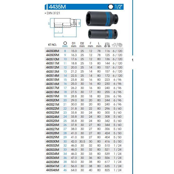 Tuýp đen dài 12mm Kingtony 443512 loại 1/2 6 cạnh dài 80mm