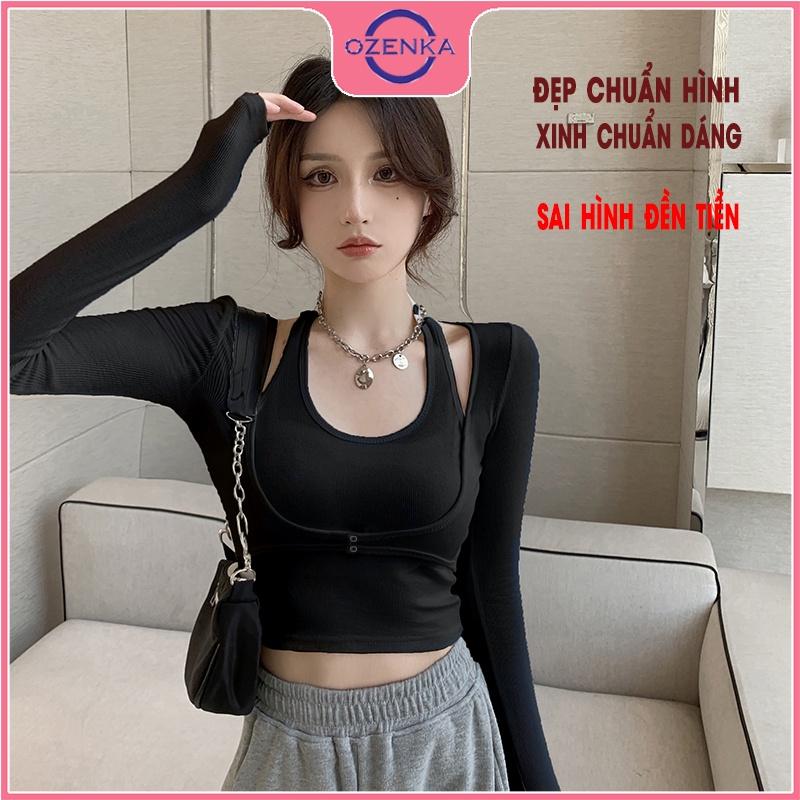 Áo thun croptop tay dài ôm body nữ , crt len tăm cotton đẹp màu đen trắng free size dưới 50kg