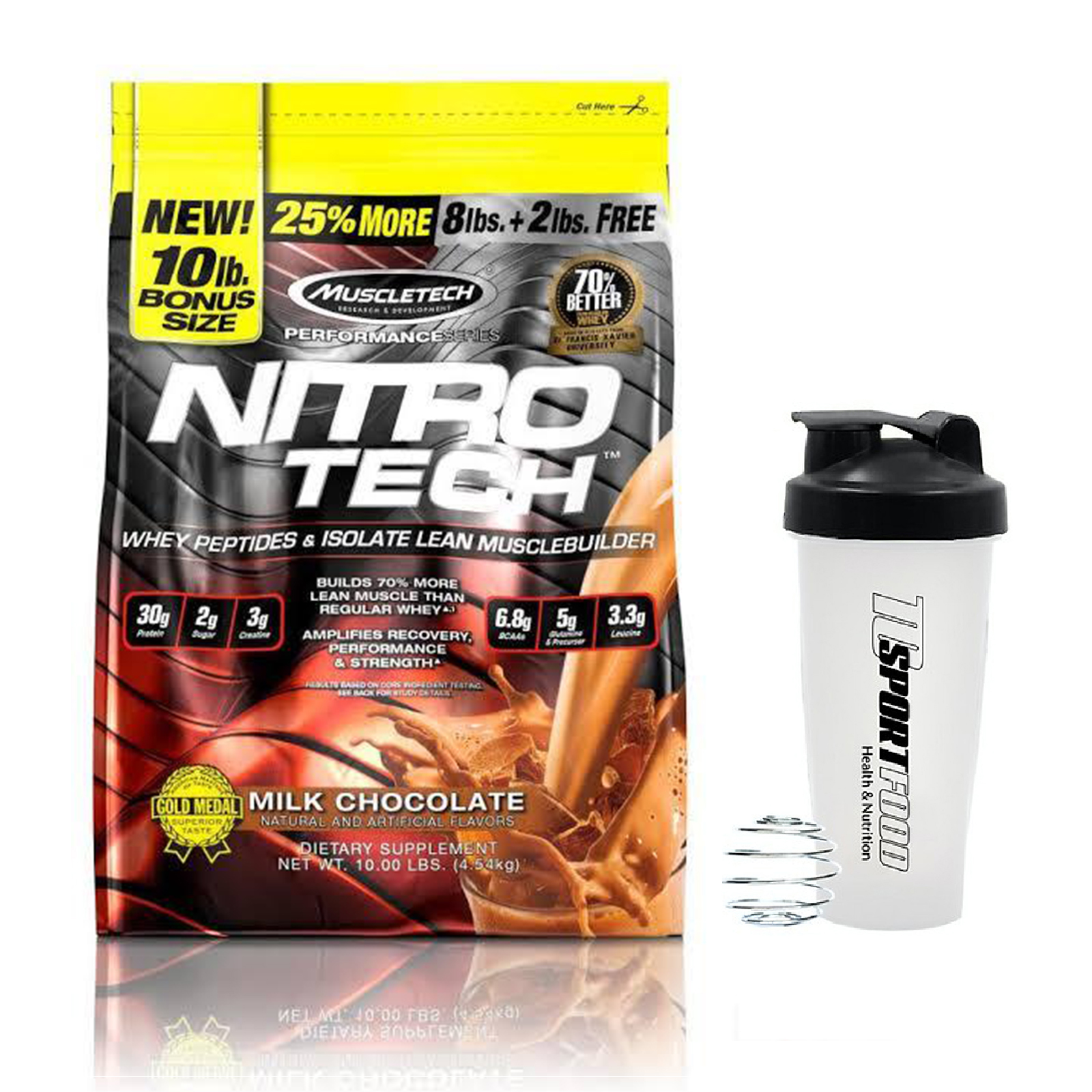 Combo Sữa tăng cơ giảm mỡ cao cấp Nitrotech hương Chocolate bịch lớn 10lbs 100 lần dùng hỗ trợ tăng cơ, giảm cân, đốt mỡ, phục hồi cơ bắp &amp; Bình lắc 600ml (Mẫu ngẫu nhiên)