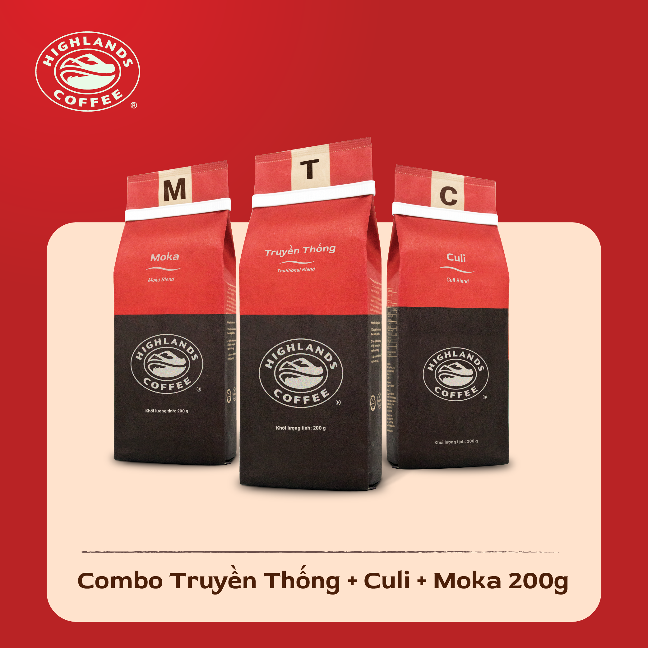 Combo 3 Cà phê rang xay Culi, Moka, Truyền Thống Highlands Coffee 200g