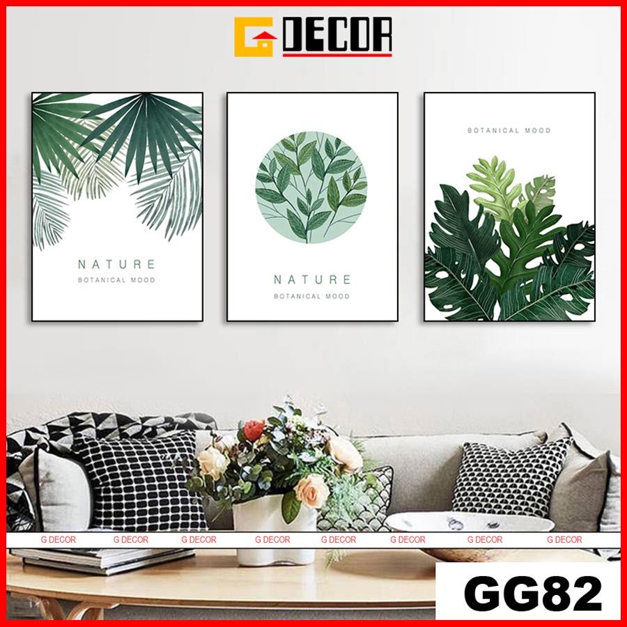 Tranh treo tường canvas 3 bức phong cách hiện đại Bắc Âu 82, tranh lá cây trang trí phòng khách, phòng ngủ, phòng ăn,spa