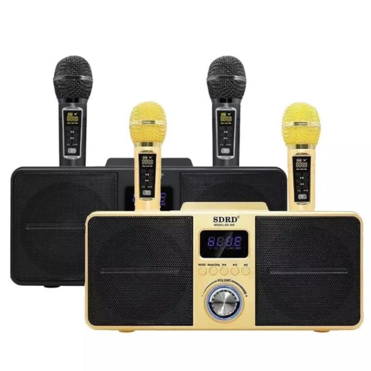Loa Bluetooth Mini Karaoke SDRD SD-309 - Bản Cao Cấp Chất Lượng, Kèm 2 Micro Sạc Không Dây