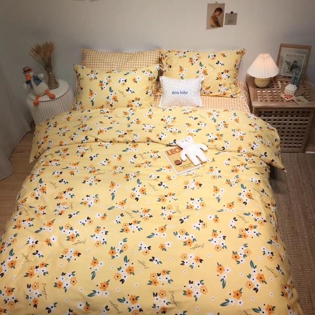 Set Ga Gối Hàng Nhập Khẩu Nguyên Set 4 Món Cao Cấp Màu Vintage Hoa Nhí Vàng