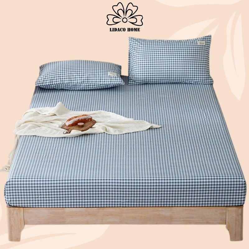 Bộ Ga Giường Cotton Tici Kẻ Lidaco Cao Cấp Nhiều Mẫu Lựa Chọn - Kẻ Ô Xanh Dương - 1M6X2M - Nệm Dưới 15Cm