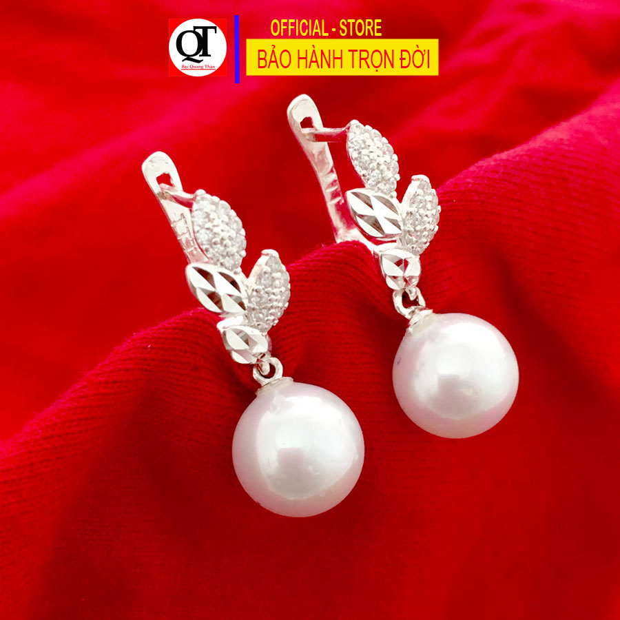Bông tai bạc nữ ngọc trai dài khóa bật chắc chắn gắn đá trắng cao cấp trang sức Bạc Quang Thản - QTBT147