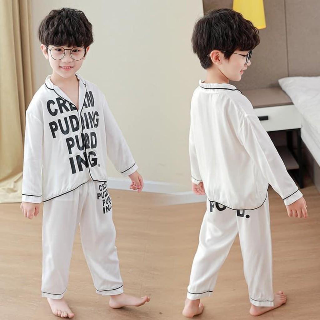 Pijama lụa dài tay in chữ cho bé từ 6-28Kg SUMO KIDS, Bộ đồ ngủ dài tay cho bé trai và bé gái mặc đều xinh