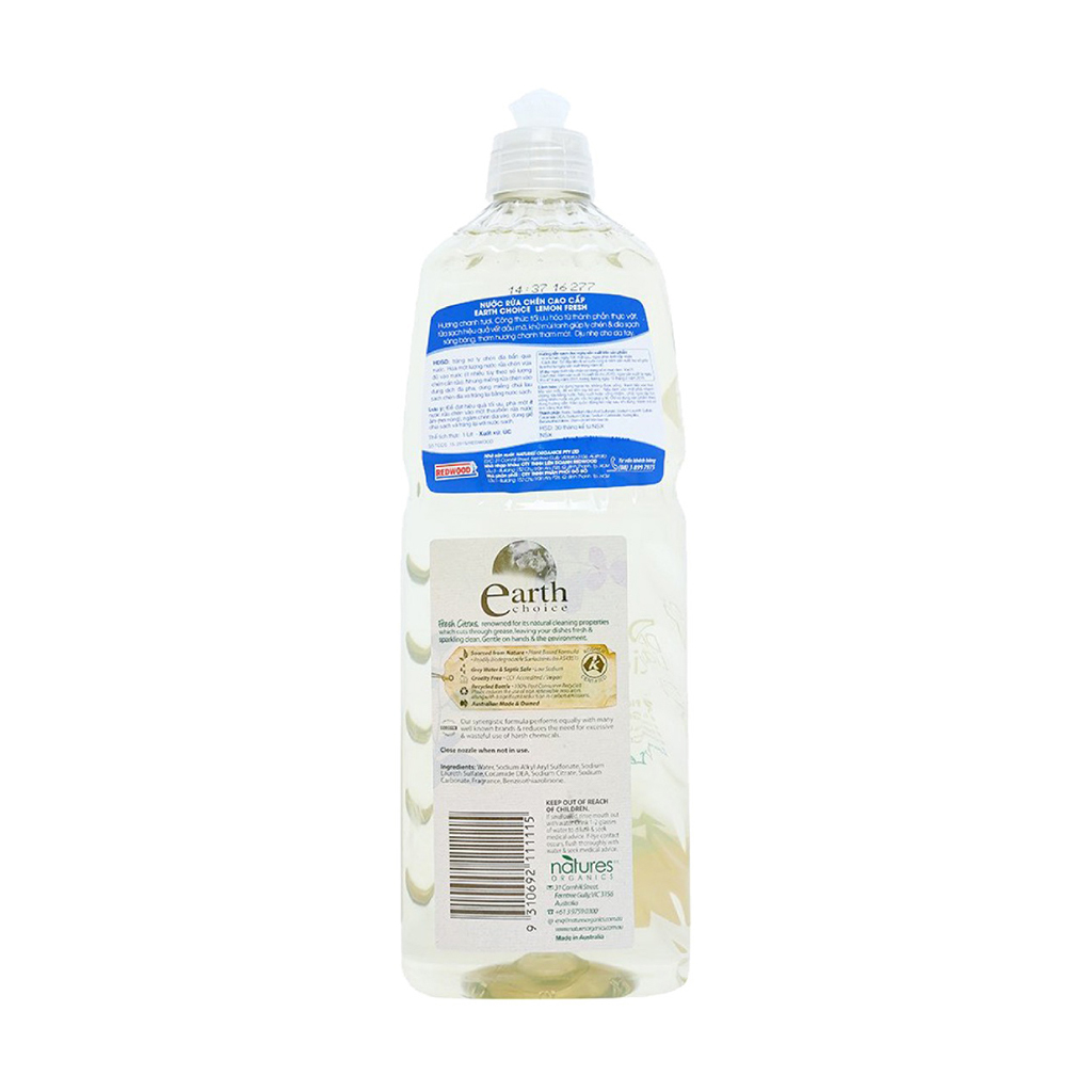 Nước Rửa Chén EARTH CHOICE An Toàn Với Cả Đồ Dùng Ăn Uống Của Bé, Không Khô Da Tay Chiết Xuất Chanh Dung Tích 1L