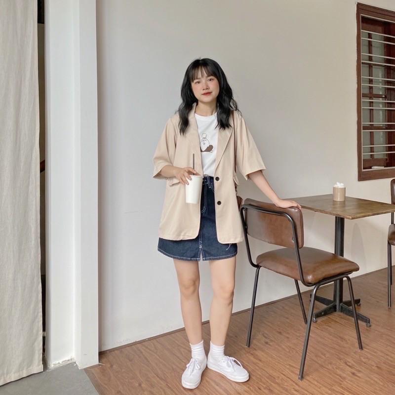 Áo Blazer - Vest Cộc Tay Dáng Rộng Chất Mát - khoác ngoài 1 lớp trơ -trơn/kẻ tông màu lạ đen, trắng nâu