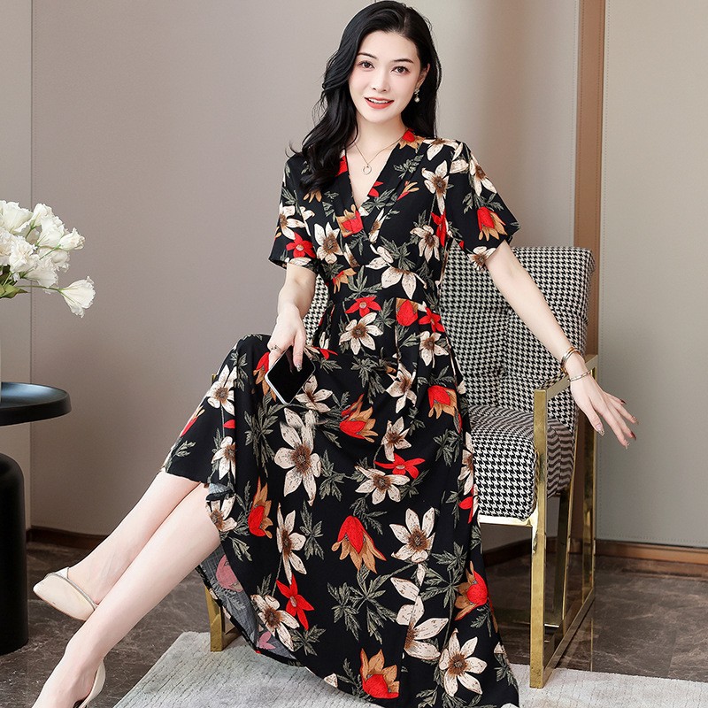 Váy Cotton Lụa Cổ V In Hoa Thanh Lịch VH06 - Hàng Quảng Châu Cao Cấp