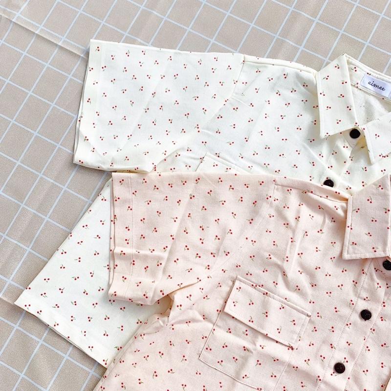 AIMEE_ÁO SƠMI LINEN HOẠ TIẾT CHERRY KEM-HỒNG