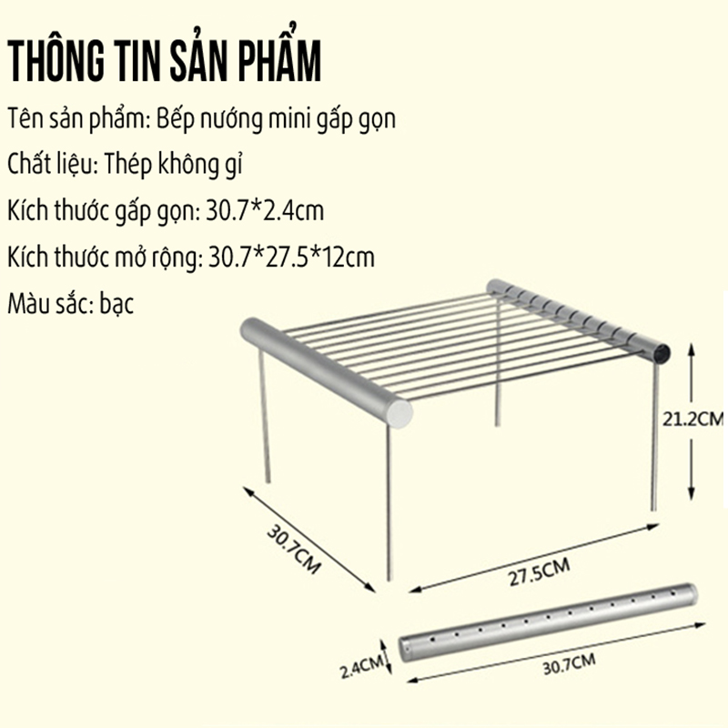 Bếp Nướng Than Hoa Mini Gấp Gọn Bếp Nướng BBQ Dã Ngoại Mini Inox 304 Dành Cho 1-3 Người