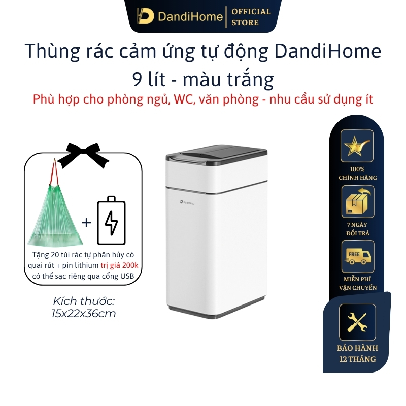 Thùng rác thông minh cảm ứng tự động đóng mở DandiHome – Tặng pin sạc Micro usb – 9 lit – Trắng
