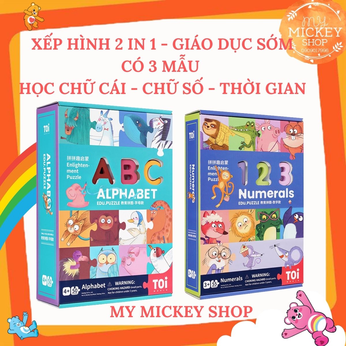 Đồ chơi xếp hình hãng TOI gỗ trí tuệ dành cho bé học có 3 chủ đề bảng chữ cái ABC (có nam châm) và số đếm, thời gian cho bé từ 3 tuổi