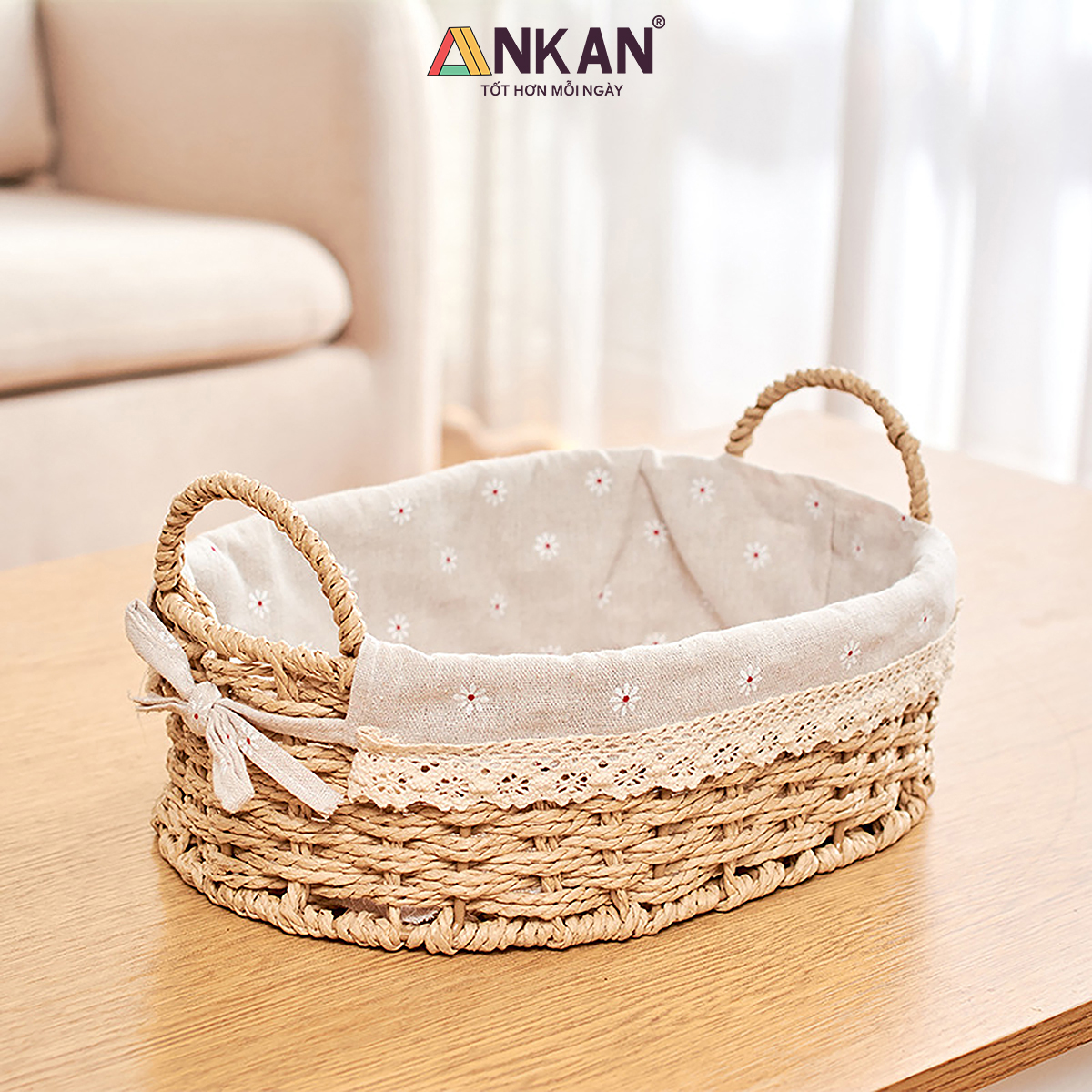 Giỏ Đựng Đồ Ăn Vặt Có Quai Hình Bầu Dục Lót Vải Hoa – Sợi Giấy Cán Mỏng Nhẹ Bền, Dễ Vệ Sinh