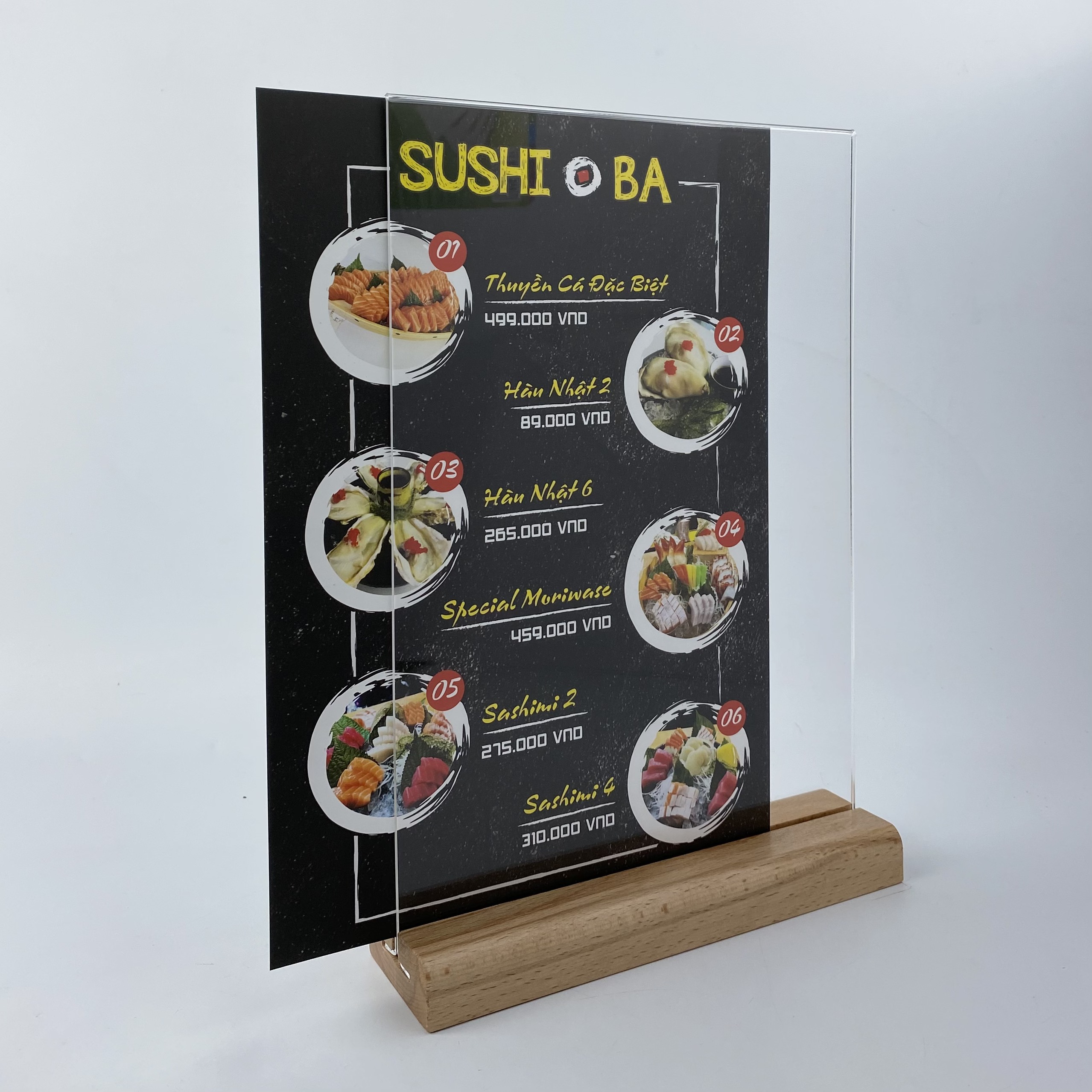 Kệ mica 2 mặt Enter E44 100x150mm đế gỗ A6 đứng, Kệ menu nhà hàng, Standee mica để bàn, Bảng quét mã QR Code