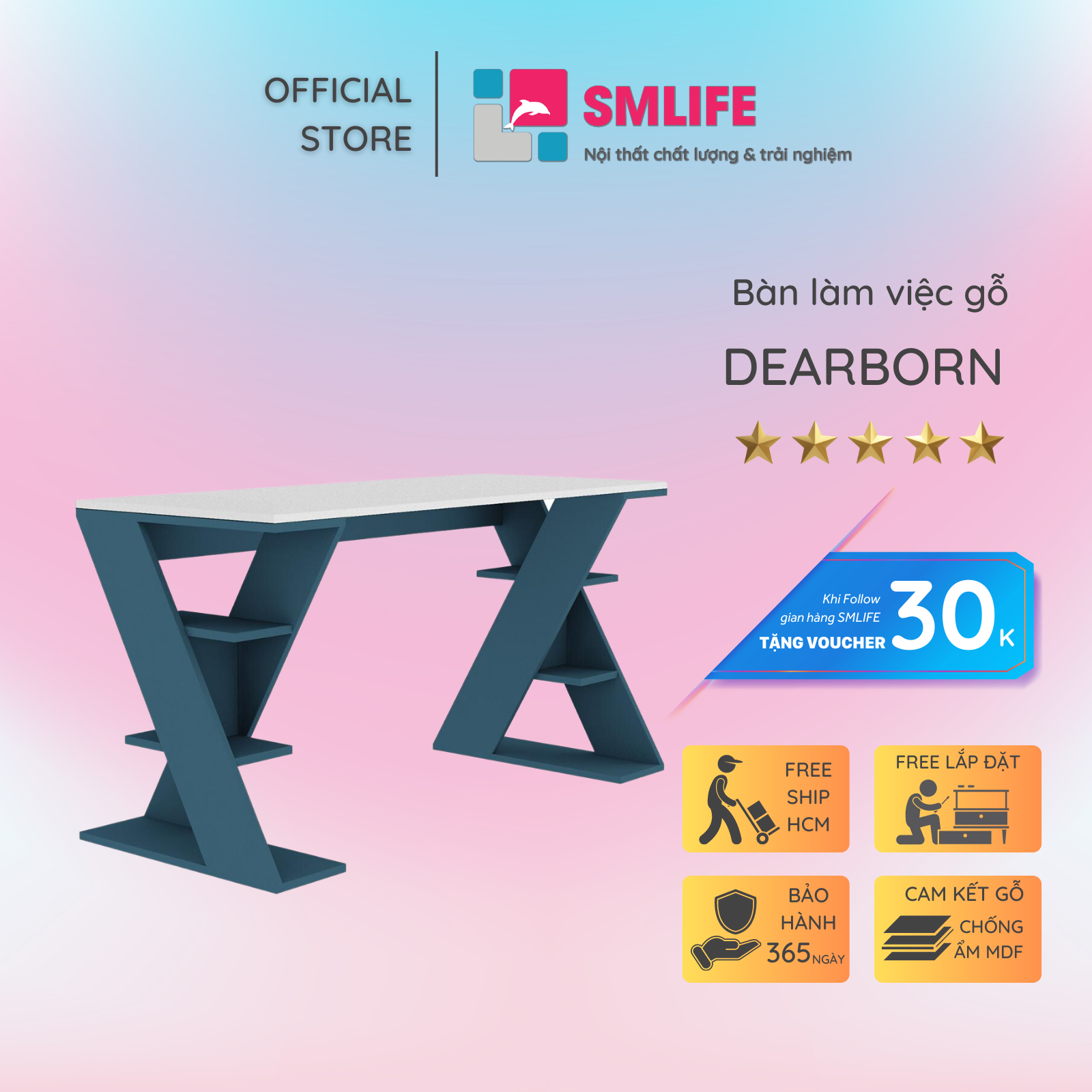 Bàn gỗ làm việc hiện đại SMLIFE Dearborn  | Gỗ MDF dày 17mm chống ẩm | D140xR60xC75cm