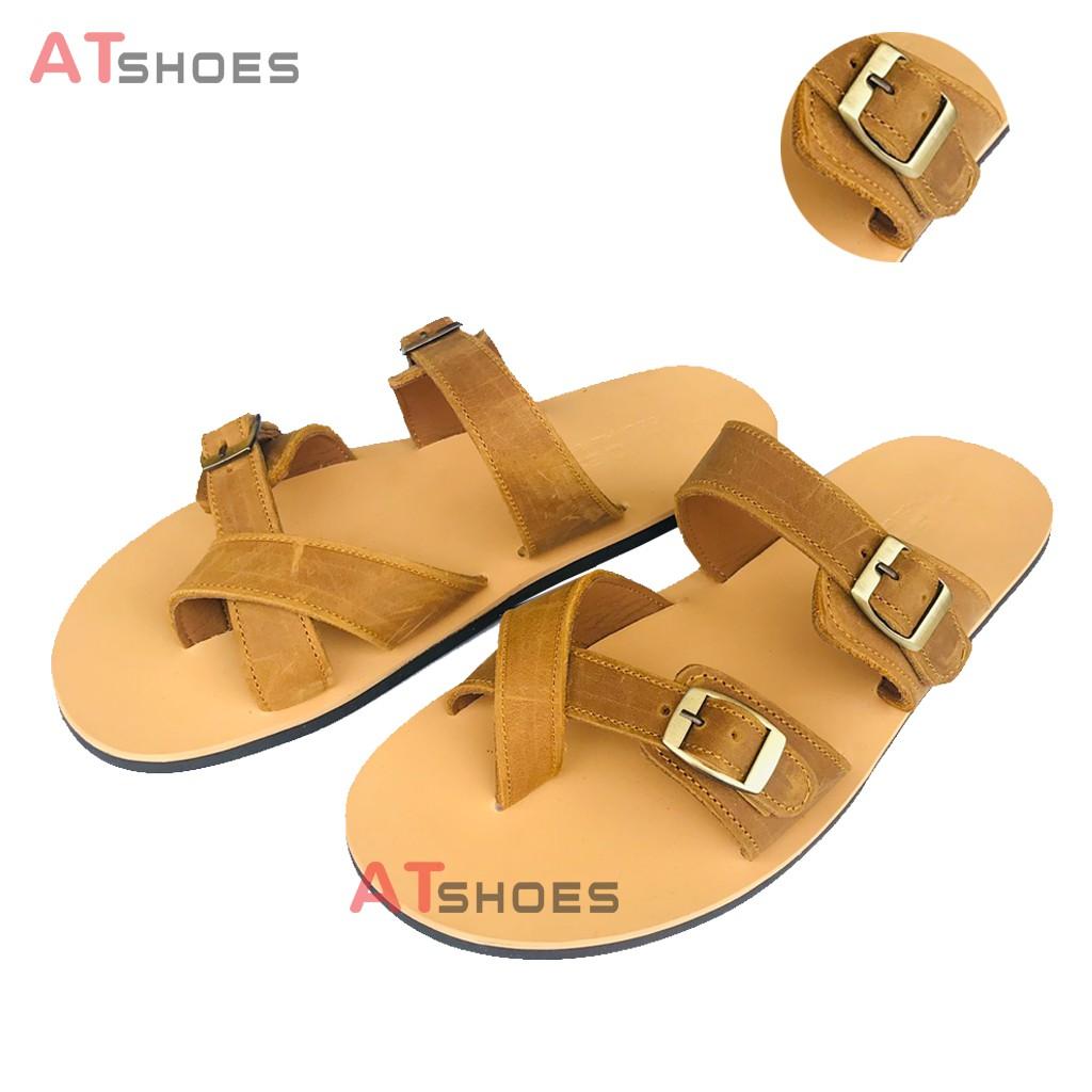 Sandal nam, dép quai ngang, dép nam da bò, không thấm nước, êm chân thoải mái Atshoes QN2M (Đen - Nâu