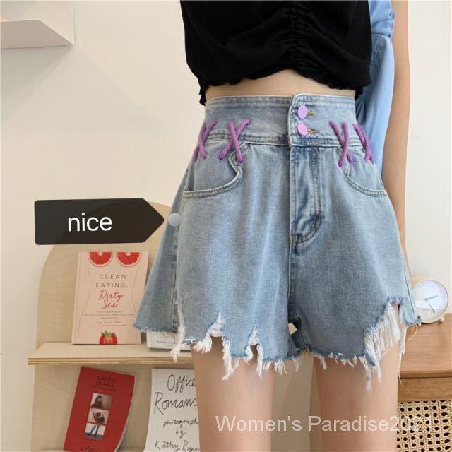 Quần short denim lưng cao ống rộng màu sắc độc đáo thời trang mùa hè cho nữ