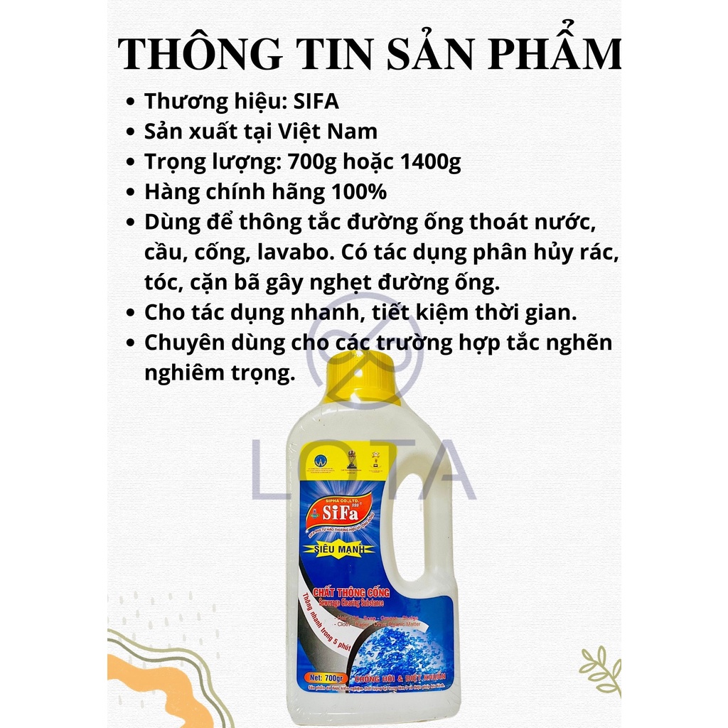 NƯỚC THÔNG CỐNG SIFA CHAI 700G cực mạnh thông tắc nhanh cầu lavabo đường ống thoát nước bồn rửa chén bát bị nghẹt