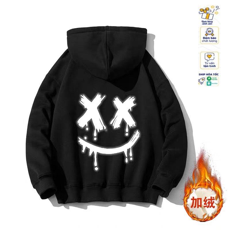 Áo hoodie mặt cười phản quang chất vải cotton thông hơi