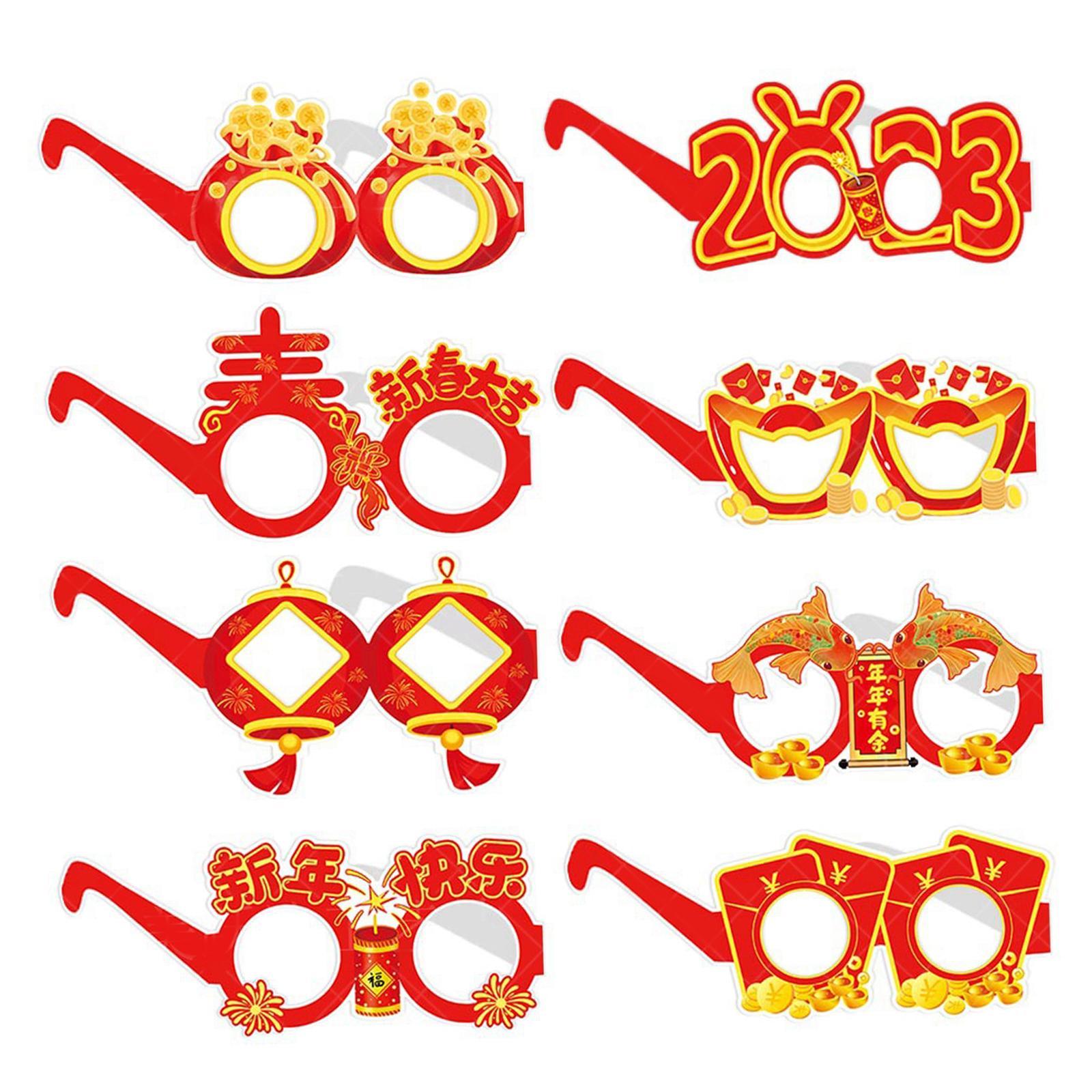 8x Cute New Year Photo Glasses Booth Props Frame Paper Prop Party Adults Kids Accessories
