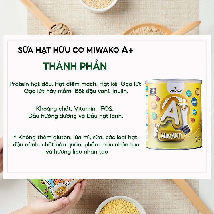 Combo 4 Hộp Sữa Công Thức Hữu Cơ Miwako A+ Vị Vani 400g (1.6Kg) Nhập Khẩu Malaysia, Sữa Hạt Cho Bé Từ 1 - 6 Tuổi Giúp Phát Triển Trí Não Chiều Cao, Tặng Bánh Ăn Dặm Gerber