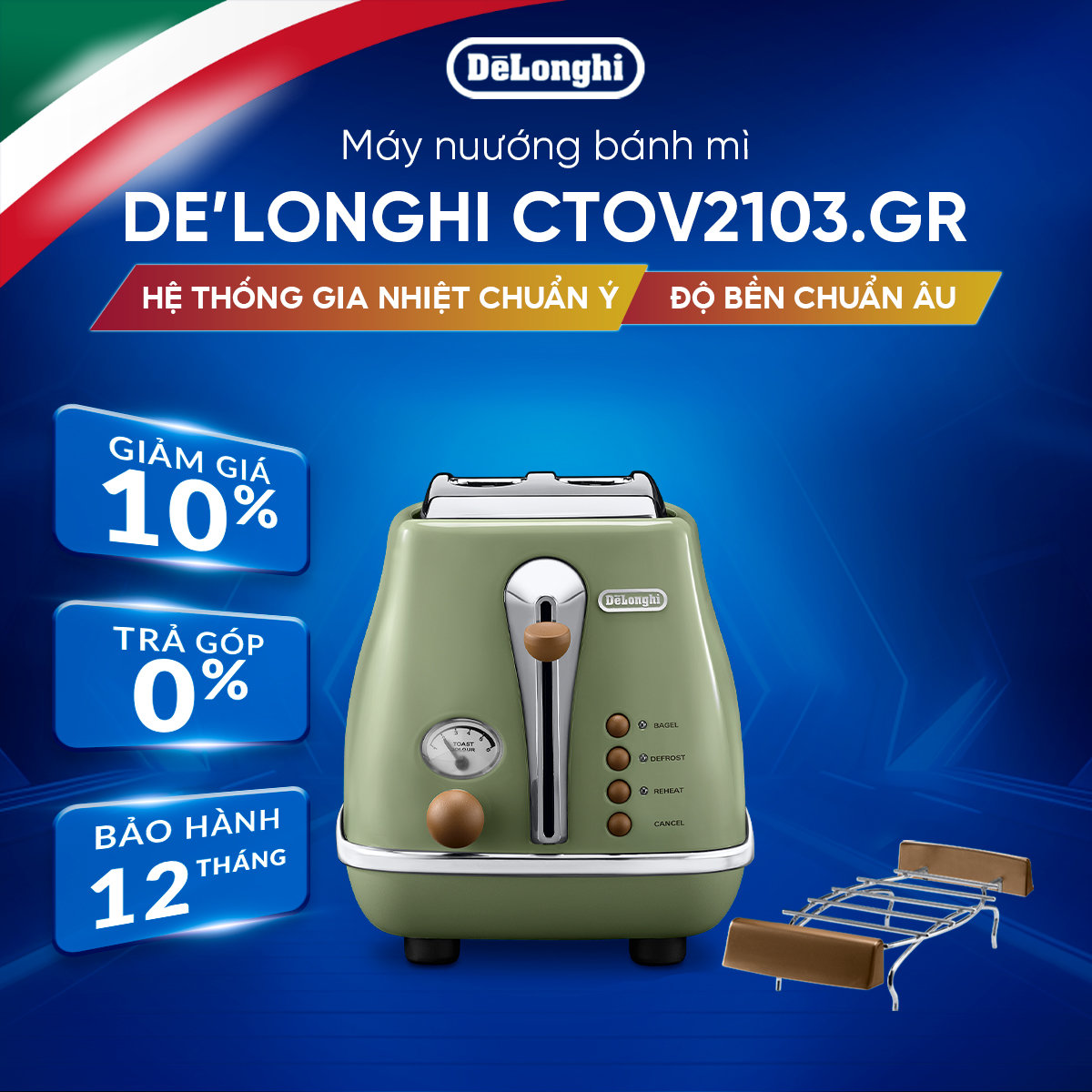 [Hàng chính hãng] Máy nướng bánh mì DeLonghi Icona Vintage CTOV2103 (BG/ GR)
