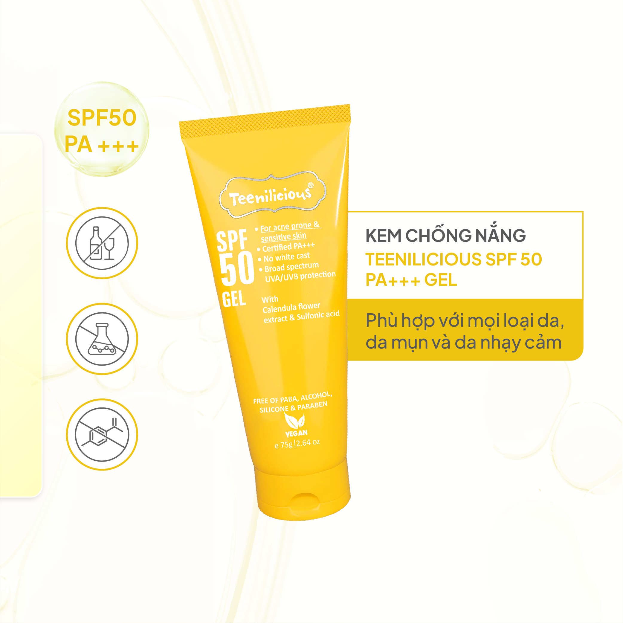 Kem Chống Nắng Teenilicious SPF 50 PA+++ Gel Mỏng Nhẹ Dành Cho Da Dầu Mụn Và Nhạy Cảm 75g