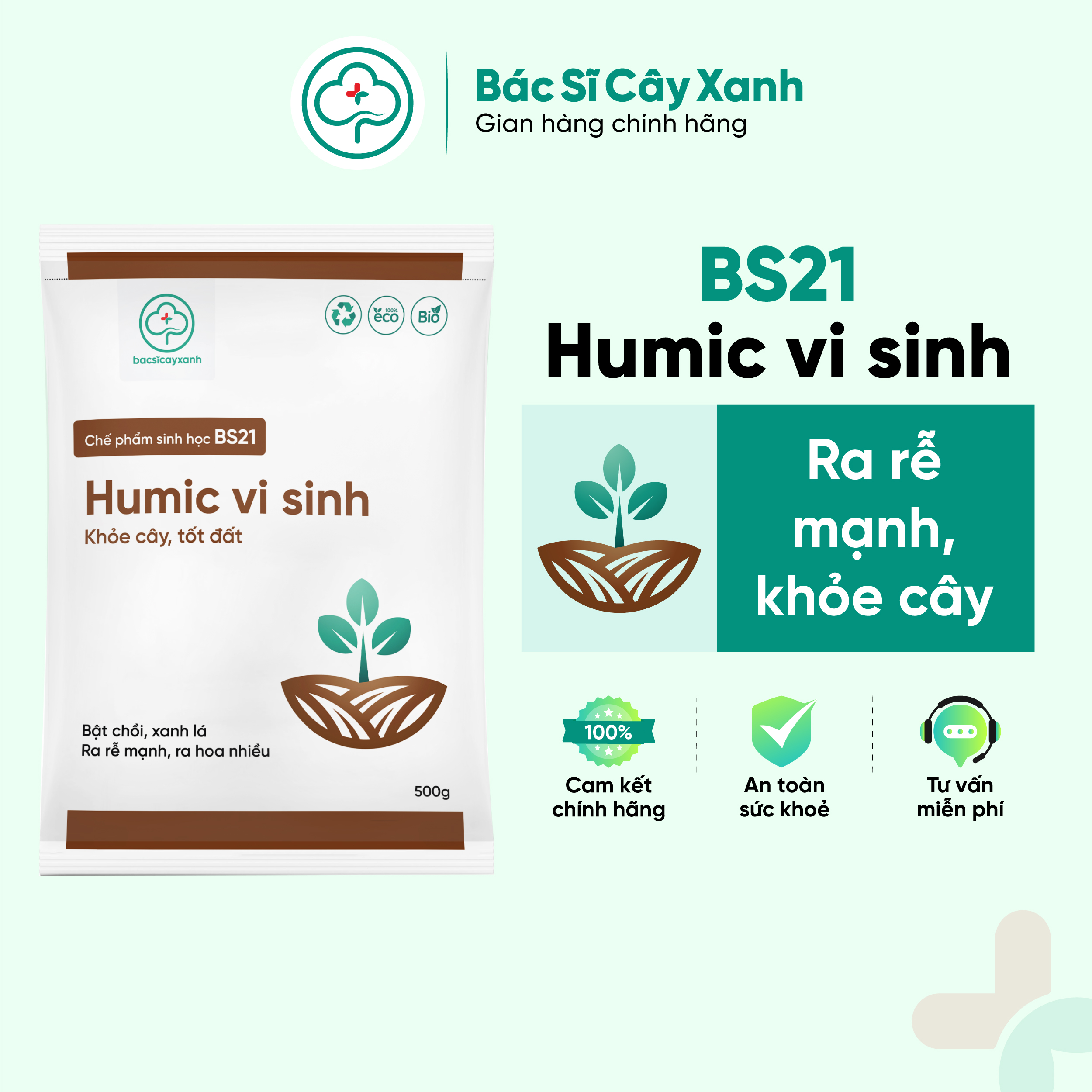 Humic vi sinh Chế phẩm ra rễ mạnh, đẻ nhánh khỏe, xanh cây, mập chồi, đẹp trái BS21 500g/1kg NSX Bacsicayxanh