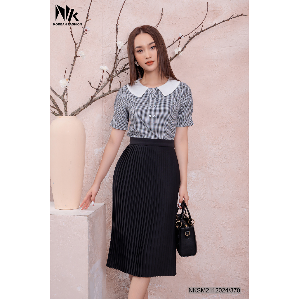 Áo Sơ Mi Nữ Cổ Sen Tay Ngắn NK FASHION Hoạ Tiết Kẻ Caro, Phong Cách Công Sở Mã NKSM2112024