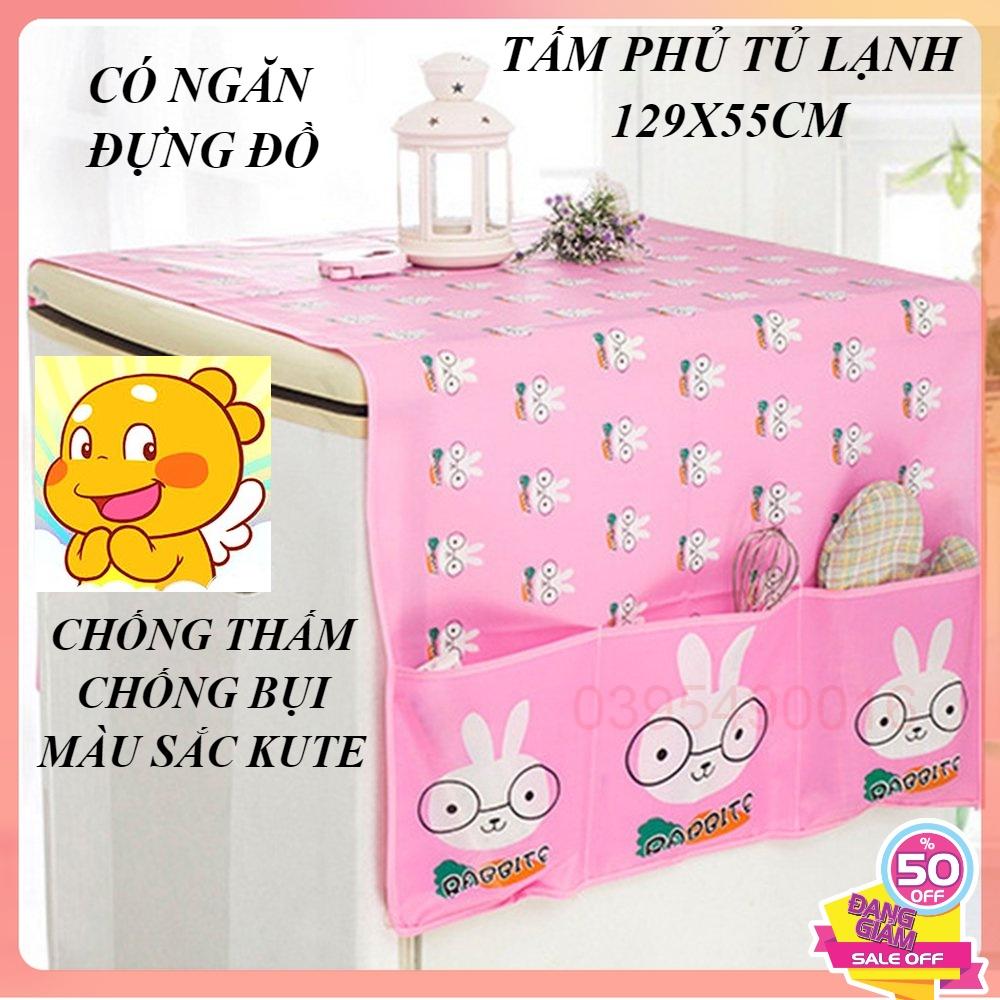 Tấm phủ nóc tủ lạnh 129x55cm bền đẹp chống thấm nước và bụi trang trí nhà, tấm phủ lò vi sóng có ngăn đựng đồ tiện lợi