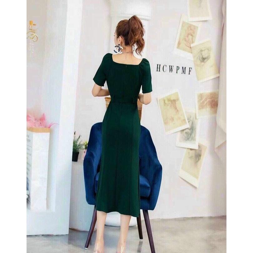 Đầm Xanh Thiết Kế Tay Con, Xòe Nhẹ Nhàng, Có Thắt Eo Thanh Lịch