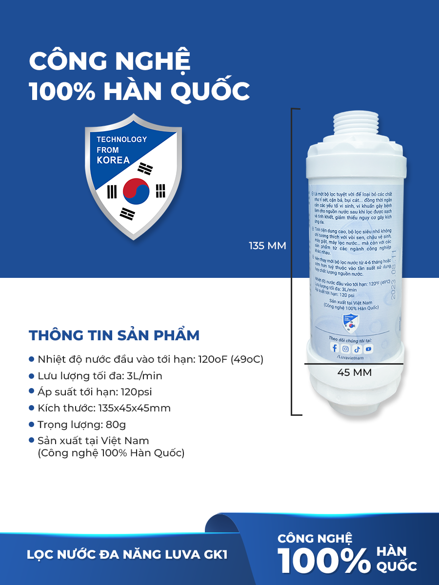 Bộ lọc nước đa năng LUVA GK1, lọc cho vòi sen tắm, máy giặt, máy rửa bát, bồn rửa bát, bồn cầu thông minh