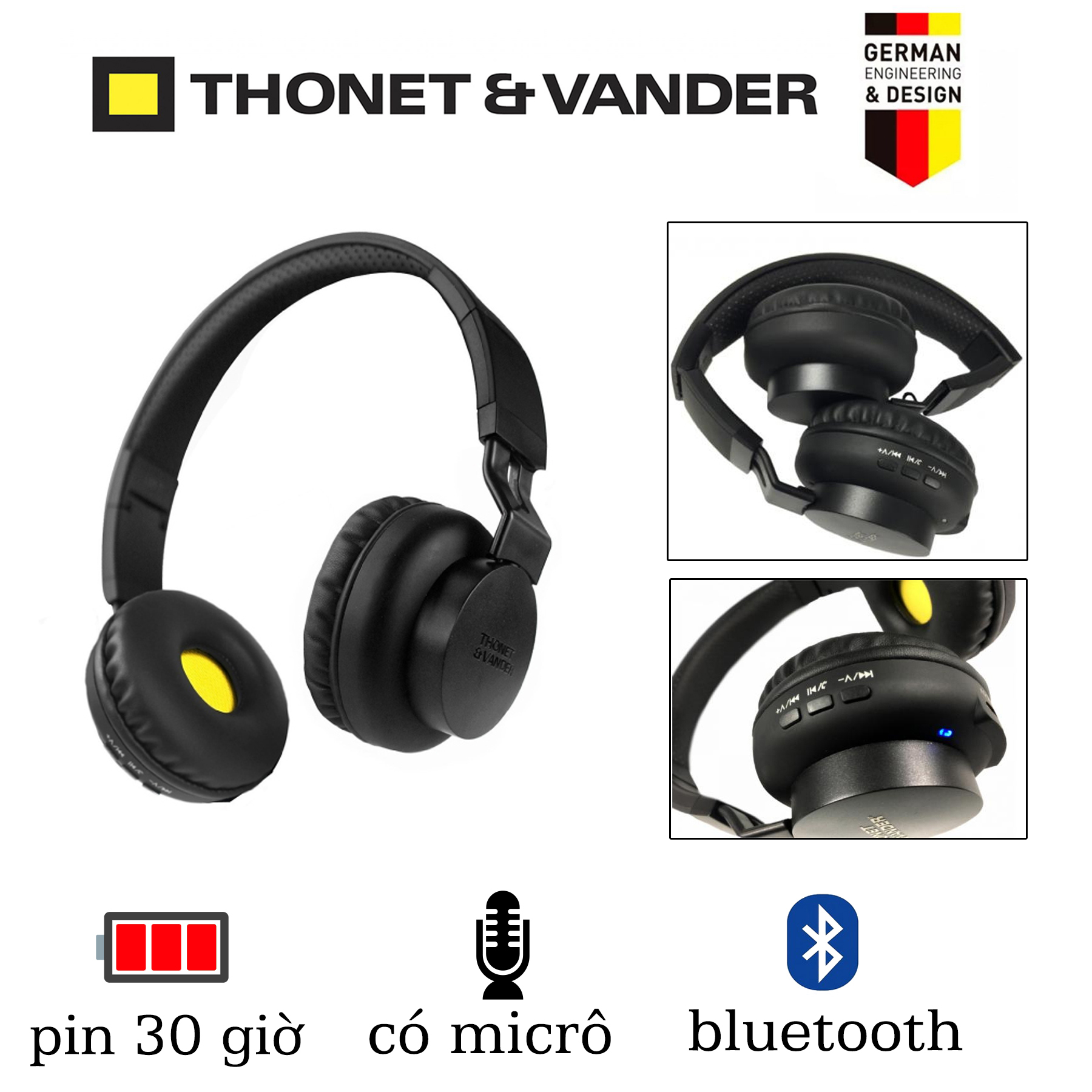 Tai nghe Thonet &amp; Vander Dauer HK096-03615, có bluetooth, tích hợp micro, gấp gọn tiện dụng, hàng chính hãng